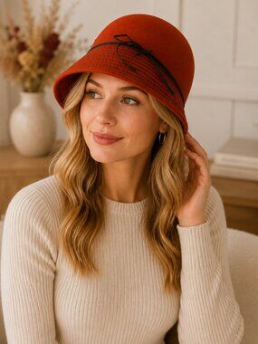 Vintage 100% Wool Rust Orange Cloche Hat | Black Bow Accent | Women's Size 56 cm